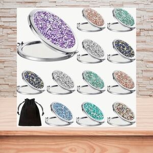 Compact Round Folding Rhinestone Hand Held Pocket Cosmetic Magnifying Mirror NWT